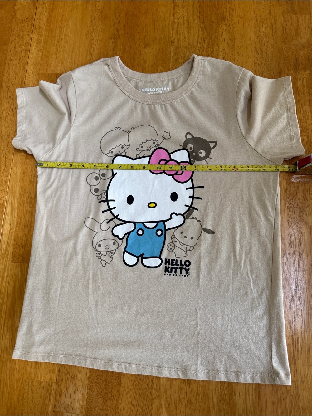 Hello Kitty Beige Graphic T-shirt Tee with Pink Bow and Blue Outfit - Picture 5 of 6